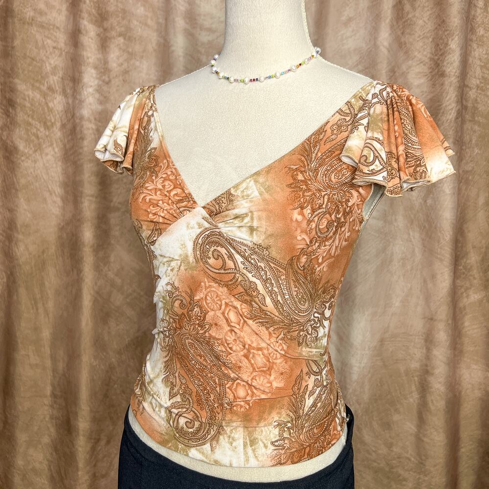 Vintage Y2K Paisley Flutter Sleeve Top Empire Waist Cropped V Neck Renaissance - Picture 2 of 12